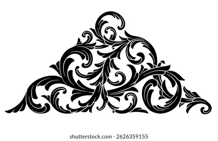Black scroll filigree ornament. Vintage baroque frame engraving scroll ornament vector illustration.