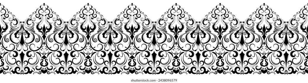 Black scroll flower border on white background. Beautiful Ethnic hand drawn artwork style design with watercolor, trend, texture, vintage hand drawn style.
