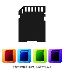 Black SD card icon isolated on white background. Memory card. Adapter icon. Set icon in color square buttons. Vector Illustration