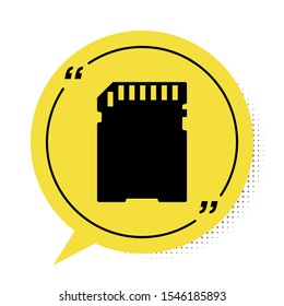 Black SD card icon isolated on white background. Memory card. Adapter icon. Yellow speech bubble symbol. Vector Illustration