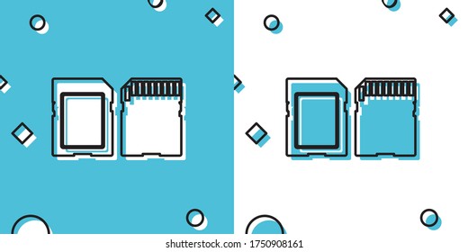 Black SD card icon isolated on blue and white background. Memory card. Adapter icon. Random dynamic shapes. Vector Illustration