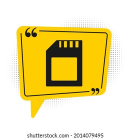 Black SD card icon isolated on white background. Memory card. Adapter icon. Yellow speech bubble symbol. Vector