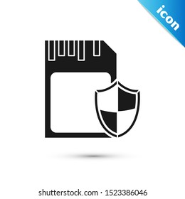 Black SD card and shield icon isolated on white background. Memory card. Adapter icon. Security, safety, protection, privacy concept.  Vector Illustration