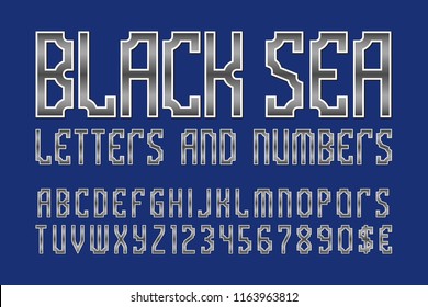 Black Sea letters and numbers with currency symbols. Gaming stylized monochrome font.