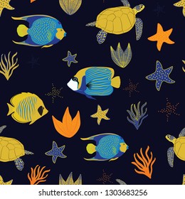 black sea life cute animals vector seamless pattern 