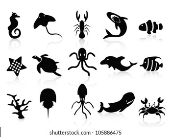 black sea life icons set