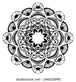 Black sea mandala with sea shells on white background. Decorative ornamental element. Vector illustration