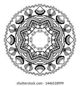 Black sea mandala with sea shells on white background. Decorative ornamental element. Vector illustration