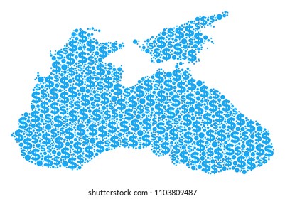 Black Sea map composition of dollars and spheric spots in various sizes. Abstract vector financial and GDP Black Sea map. Money signs and round dots are united into geographical plan design concept.