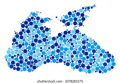 Black Sea Map mosaic of round spots in variable sizes and blue shades. Scattered round elements are combined into Black Sea Map collage. Vector geographic blue map design concept.