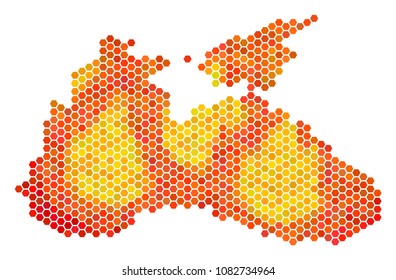 Black Sea map. Vector hexagon territorial scheme using fire color tones. Impressive Black Sea map mosaic is organized with fired hexagonal dots.