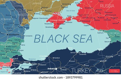 Black Sea region detailed editable map with regions cities and towns, roads and railways, geographic sites. Vector EPS-10 file