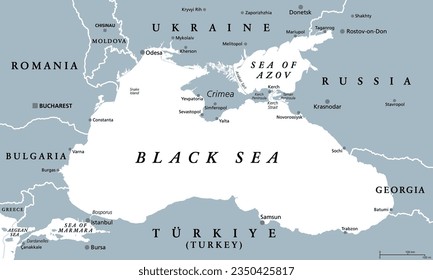 Black Sea region, gray political map. Marginal mediterranean sea of the Atlantic Ocean, between Europe and Asia. With Crimea, Sea of Azov, Sea of Marmara, Bosporus, Dardanelles and the Kerch Strait.