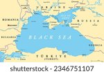 Black Sea region, political map. Located between Europe and Asia, with Crimea, Sea of Azov, Sea of Marmara, Bosporus, Dardanelles and Kerch Strait. Supplied by the major rivers Danube, Dnipro and Don.
