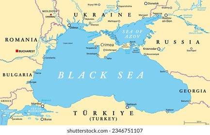 Black Sea region, political map. Located between Europe and Asia, with Crimea, Sea of Azov, Sea of Marmara, Bosporus, Dardanelles and Kerch Strait. Supplied by the major rivers Danube, Dnipro and Don.