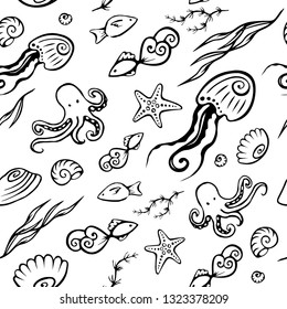 black sea seamless pattern sea bottom on white background