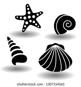 Black sea shells icon set, collection of seashell, clam, nautilus snail, spiral shell and starfish. Vector eps10 illustration isolated on white background with shadows, simple flat logo style