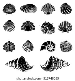 Black sea shells silhouettes collection isolated on white vector