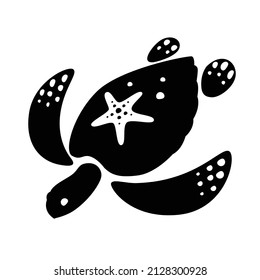 Black sea turtle drawing with starfish on back, turtle symbol swimming on white background.