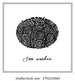 Black Sea Urchin. Seashell. Black and white square card. Hand-drawn collection of greeting cards. Vector illustration.