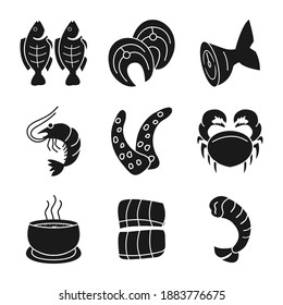black seafood icon set. grilled fish, salmon, shrimp, octopus, crab, sea soup, sushi.