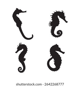 Black Seahorse Silhouette Set  Marine Life Vector Collection Isolated on White Background