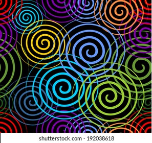 Black seamless abstract background with neon swirls  