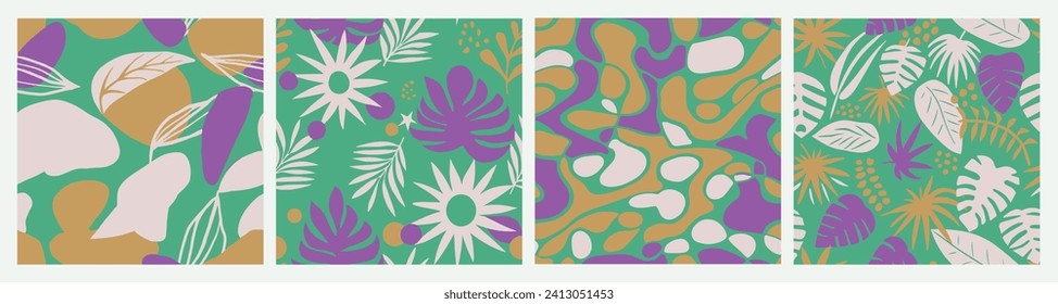 Black Seamless Abstract Retro Leaves Design. Pink Repeated Summer Foliage Style, Seamless Vector. Green Endless Classic Organic Illustration Art. 