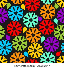 Black seamless background with colorful cheerful rainbow  flowers and drop shapes. Vivid colored shapes on black background, high contrasting vector background