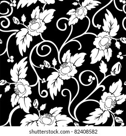 black seamless background with curly white flowers