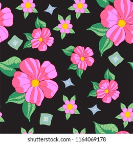 black seamless background design with pink hibiscus flowers and green leaves