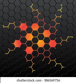 Black seamless background of hexagonal mosaic. Yellow background in the center. 