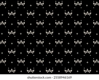 Black seamless background pattern with equal spacing with diamond shape symbols, princess crown. Abstract vector illustration.