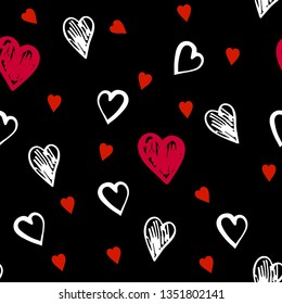 Black seamless background with red and white hearts drawn by hand. Wallpaper suitable for Valentine's day. Vector illustration