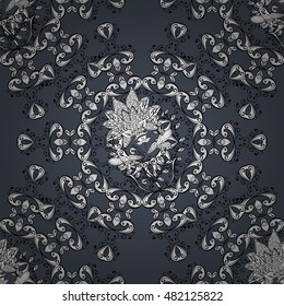 Black seamless background with round white floral pattern. Vector.