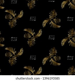 Black seamless background with tropic quote and gold palm leaves. Palms on my mind text.