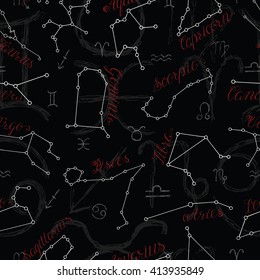 Black seamless background with Zodiac signs and mystic symbols. Line art vector with horoscope emblems and calligraphic lettering. Doodle mystic and astrology drawing, hand drawn illustration 