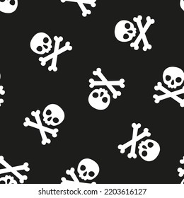 Black seamless banner with white bones and skulls