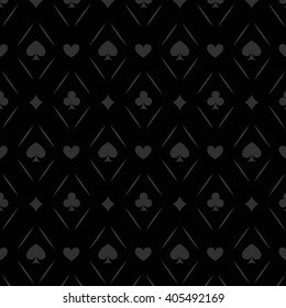 Black seamless casino gambling poker background or dark patter with cards symbols. Seamless pattern is in the swatches palette.