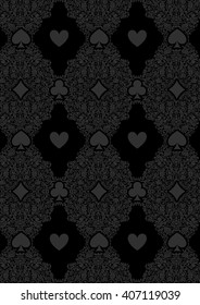 Black seamless casino gambling poker background with dark  damask pattern and cards symbols. Seamless pattern is in the swatches palette.