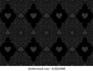 Black seamless casino gambling poker background or dark  damask pattern and cards symbols