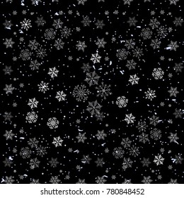 Black seamless Christmas pattern with different snowflakes falling