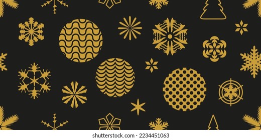 Black seamless Christmas pattern with golden snowflakes. Template for cards and wrapping paper.