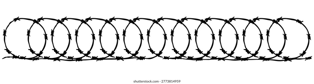 Black seamless coiled barbed wire silhouette. Horizontal concertina razor wire border isolated on white. Vector graphic element for security, prison, military boundary, danger, restricted area concept