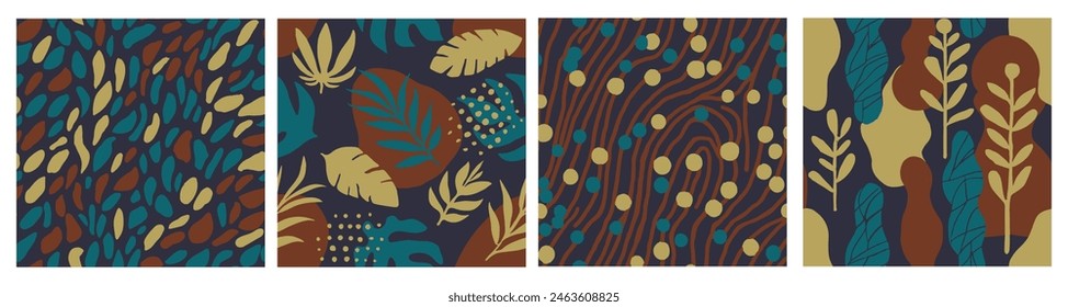 Black Seamless Creative Artistic Template Set. Gradient Repetitive Doodle Flora Fabrics, Seamless Vector. Pastel Repeated Abstract Tropic Textile Art. 