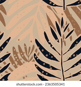 Black Seamless Creative Simple Garden Fabrics Art. Dark Repeated Nature Tropic Flora Lines Pattern. Khaki Camouflage Abstract Hawaiian Textile Design.
