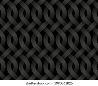 Black seamless decorative pattern of bands braided in the form of curls. Vector dark texture repeating geometric background illustration.