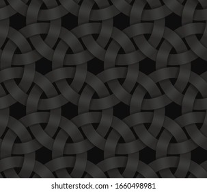 Black seamless decorative pattern of braided circle stripes. Vector dark texture repeating geometric background illustration.