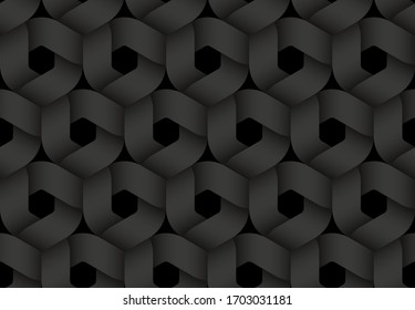 Black seamless decorative pattern of hexagonal intertwined stripes. Vector dark texture repeating geometric background illustration.