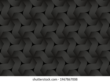 Black seamless decorative pattern of hexagonal combined curve bands. Vector dark texture repeating geometric background illustration.